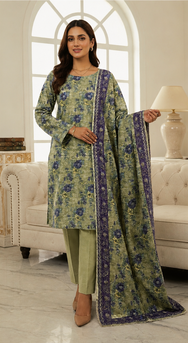 3-Piece Digital Printed Lawn Suit – Olive Green Floral