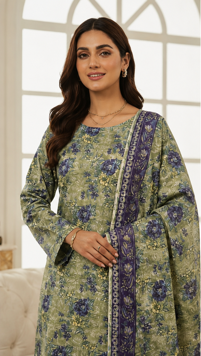3-Piece Digital Printed Lawn Suit – Olive Green Floral