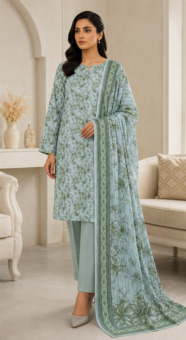 3-Piece Digital Printed Lawn Suit – Mint Green Floral