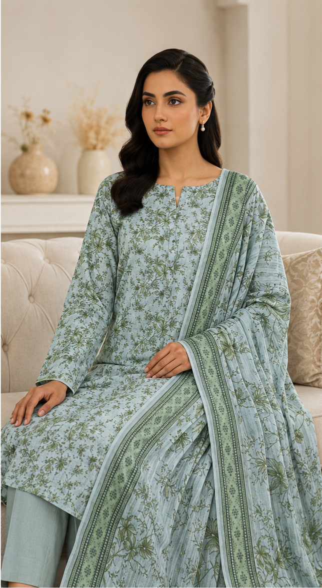 3-Piece Digital Printed Lawn Suit – Mint Green Floral