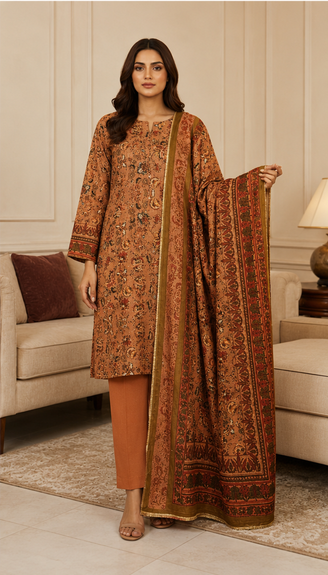 3-Piece Digital Printed Airjet Lawn Suit – Rust Brown Floral