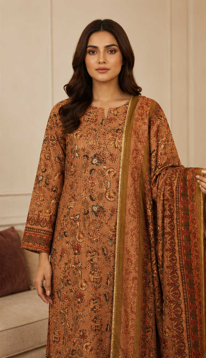 3-Piece Digital Printed Airjet Lawn Suit – Rust Brown Floral