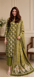 3-Piece Digital Printed Lawn Suit – Olive Green Floral
