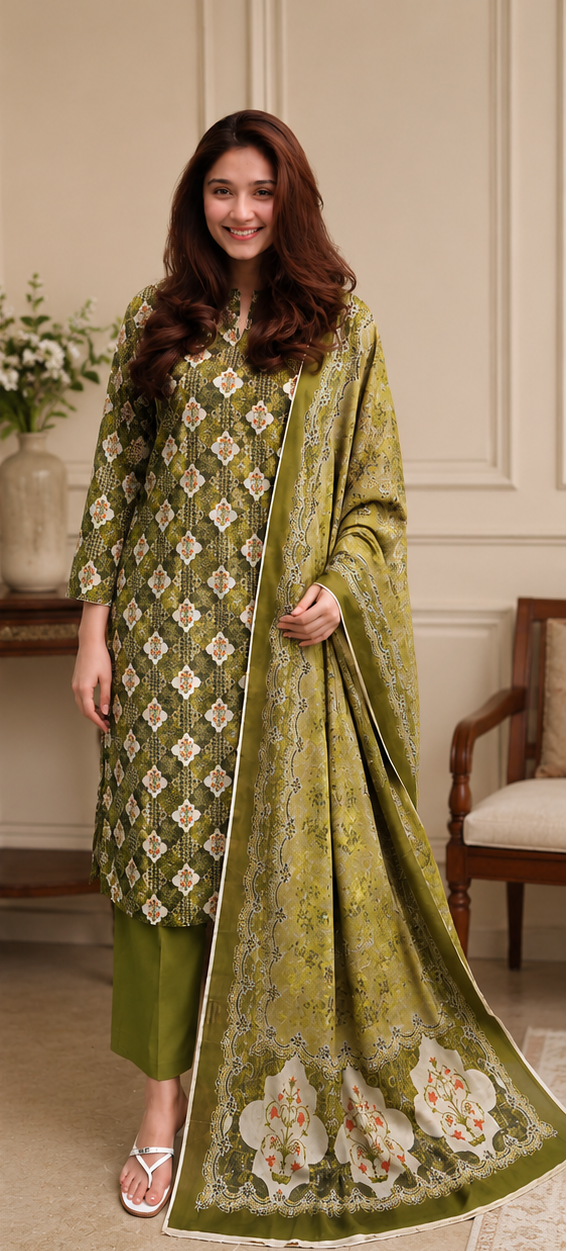 3-Piece Digital Printed Lawn Suit – Olive Green Floral