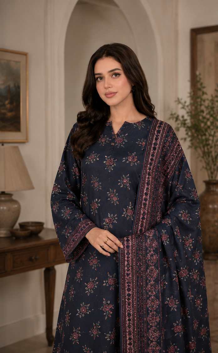 3-Piece Digital Printed Airjet Lawn Suit - Maroon floral