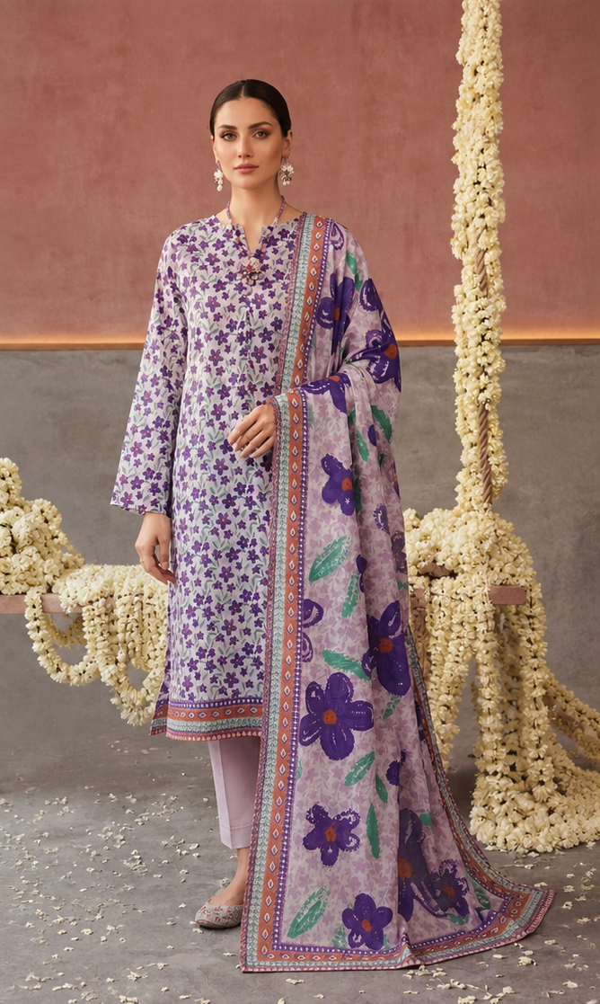 3-Piece Airjet Lawn Suit – Purple Floral