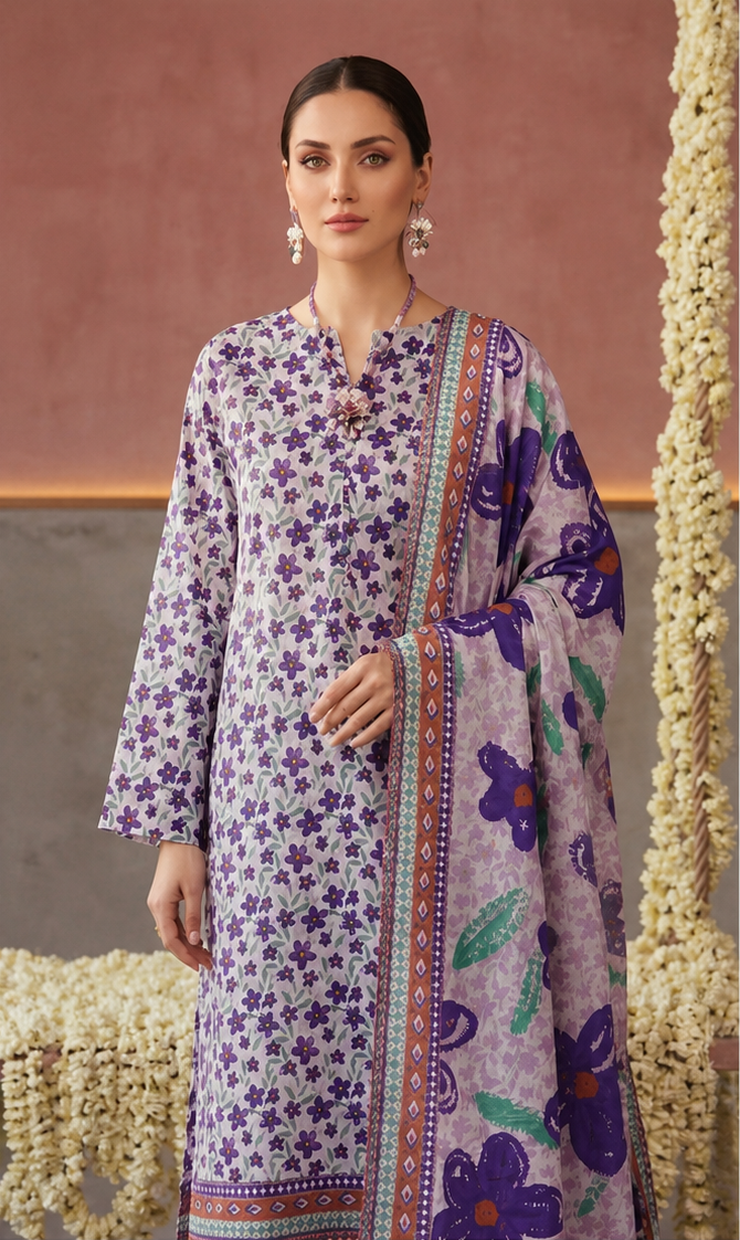 3-Piece Airjet Lawn Suit – Purple Floral