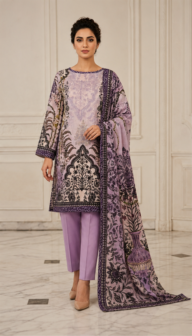 3-Piece Digital Printed Lawn Suit – Lavender Floral