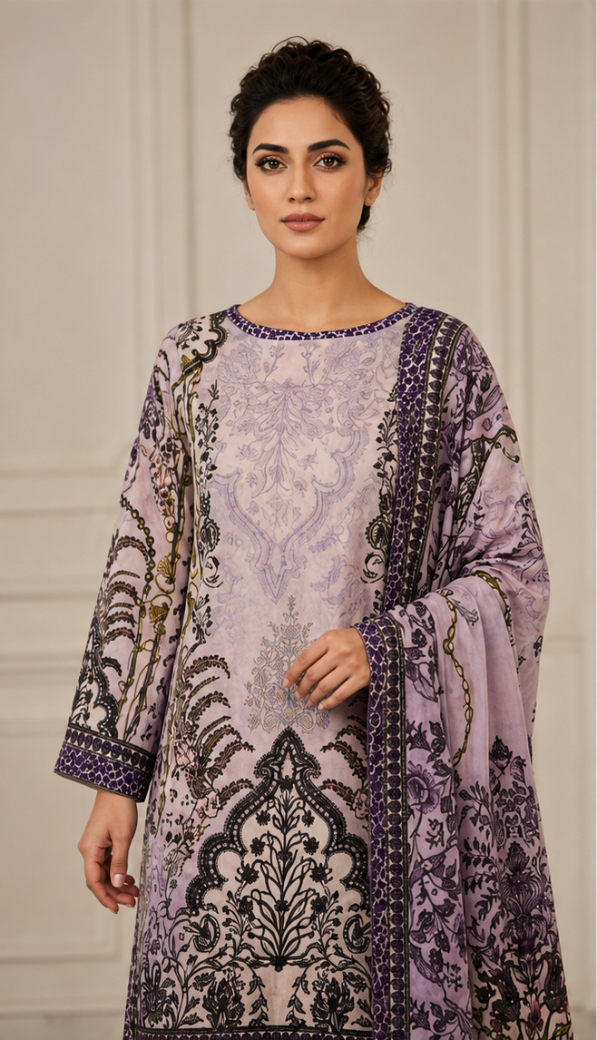 3-Piece Digital Printed Lawn Suit – Lavender Floral