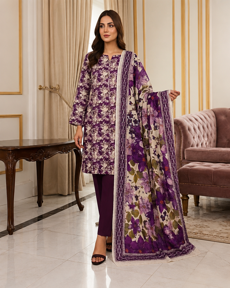 3-Piece Digital Printed Lawn Suit – Purple Floral