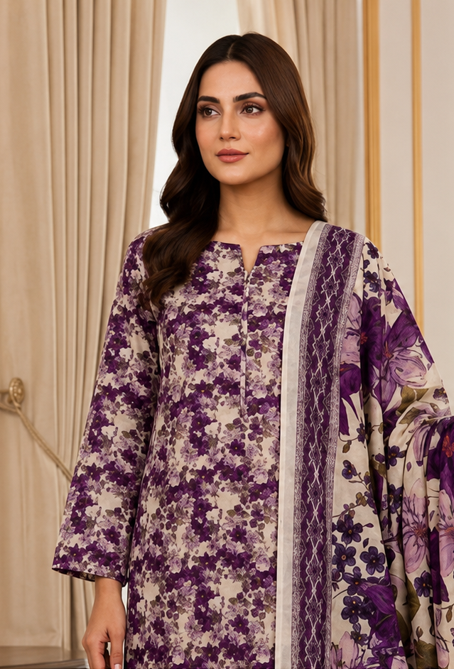 3-Piece Digital Printed Lawn Suit – Purple Floral