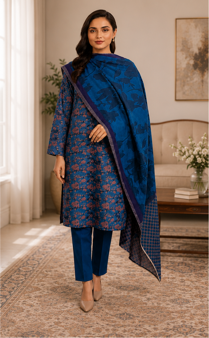 3-Piece Digital Printed Lawn Suit – Blue Floral