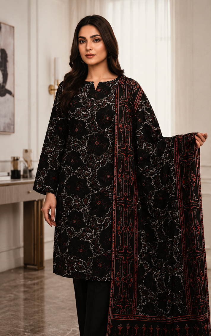 3-Piece Air Jet Digital Printed Lawn Suit – Black Floral