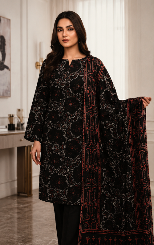 3-Piece Air Jet Digital Printed Lawn Suit – Black Floral