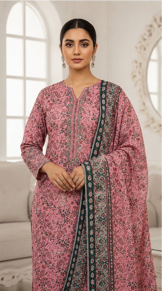3-Piece Digital Printed Lawn Suit – Pink Floral
