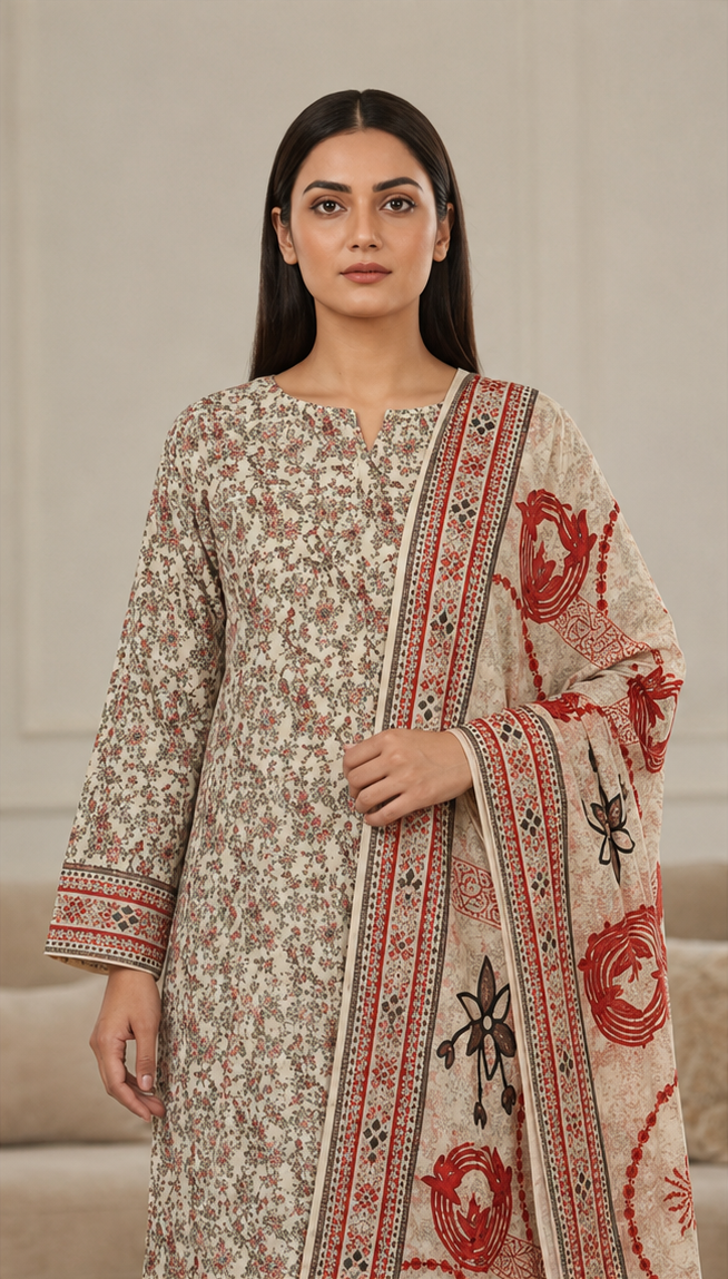 3-Piece Digital Printed Lawn Suit – Beige &amp, Red Floral