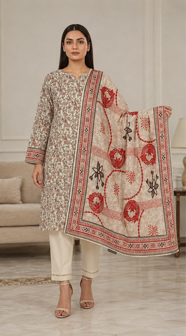 3-Piece Digital Printed Lawn Suit – Beige &amp, Red Floral