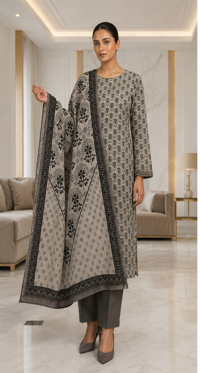 3-Piece Digital Printed Lawn Suit – Black &amp, White Floral