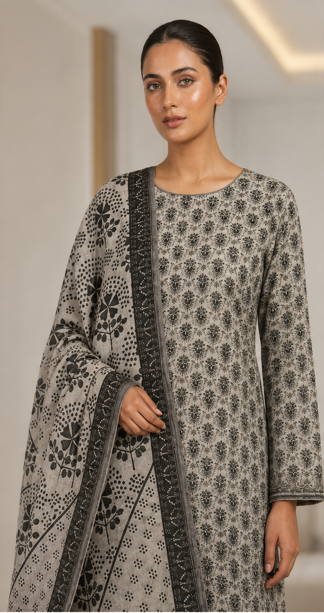 3-Piece Digital Printed Lawn Suit – Black &amp, White Floral