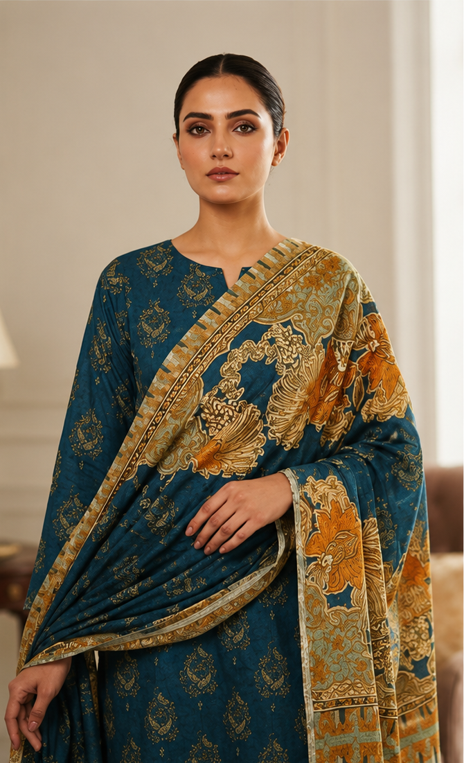 3-Piece Digital Printed Lawn Suit – Deep Teal Floral