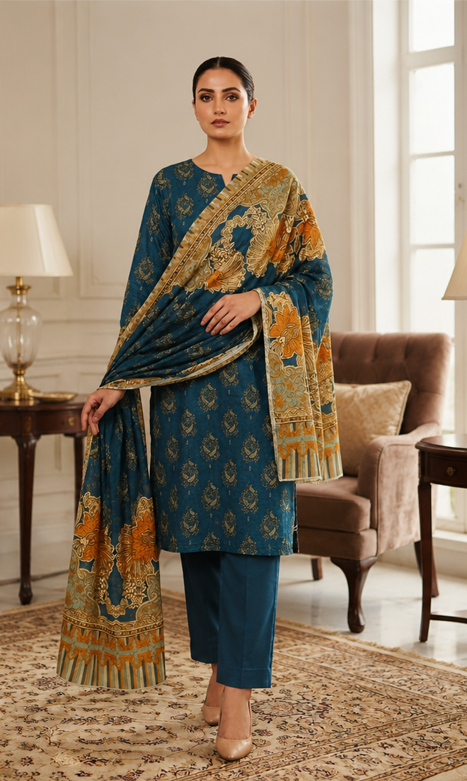 3-Piece Digital Printed Lawn Suit – Deep Teal Floral