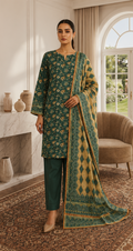 3-Piece Digital Printed Airjet Lawn Suit – Emerald Green Floral