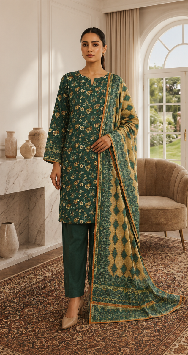 3-Piece Digital Printed Airjet Lawn Suit – Emerald Green Floral