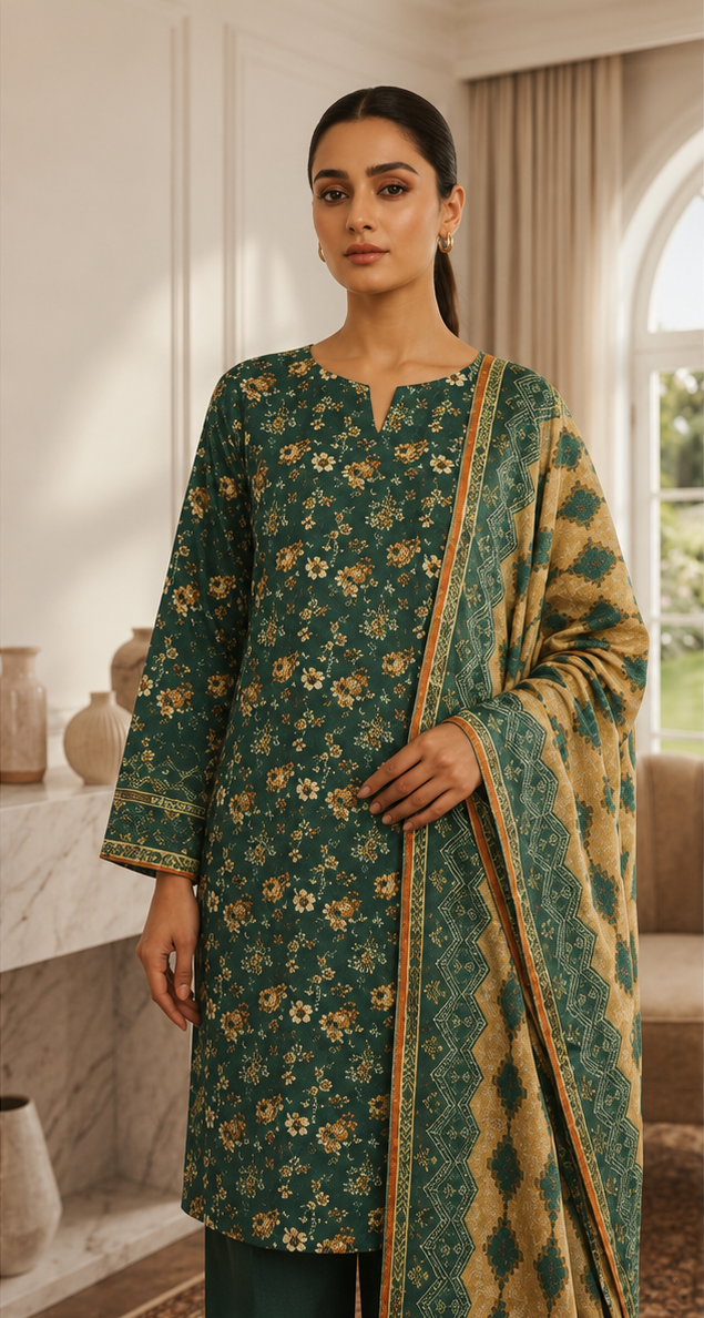 3-Piece Digital Printed Airjet Lawn Suit – Emerald Green Floral
